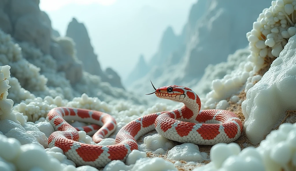 There are many white jades on the mountain，There are also many pit vipers with red and white rings and spikes on their noses.（best quality，4K，8k，High level，masterpiece：1.2），Ultra Detailed，（lifelike，Photo real，Photo real：1.37）