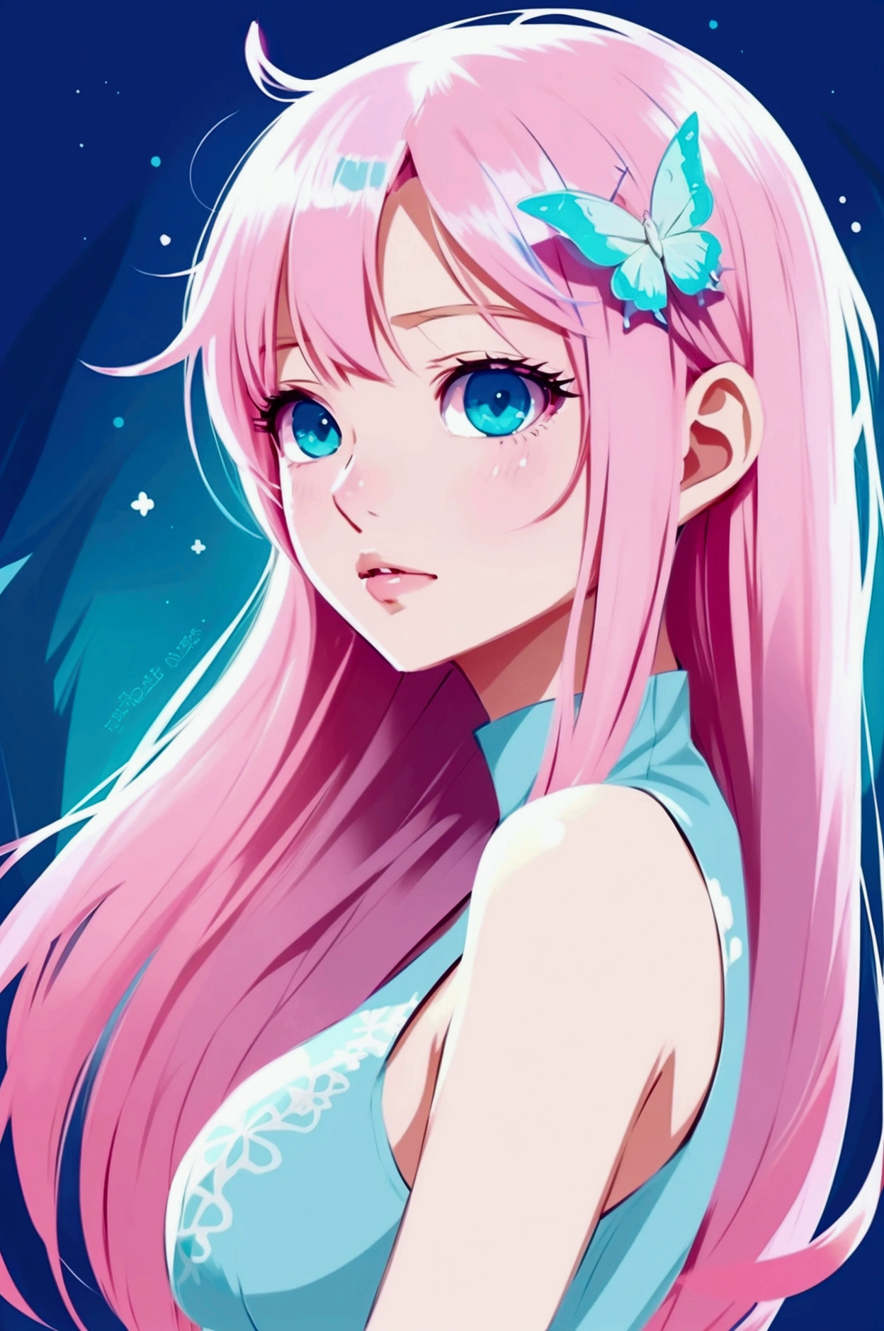 Anime girl with pink hair and blue eyes, cute art style, beautiful anime art style, anime art style, cute anime style, anime art style, Beautiful drawing style, trends in art, anime art style de alta qualidade, rossdraws pastel vibrante, A beautiful anime portrait, colourful drawing, fantasy world, butterflys