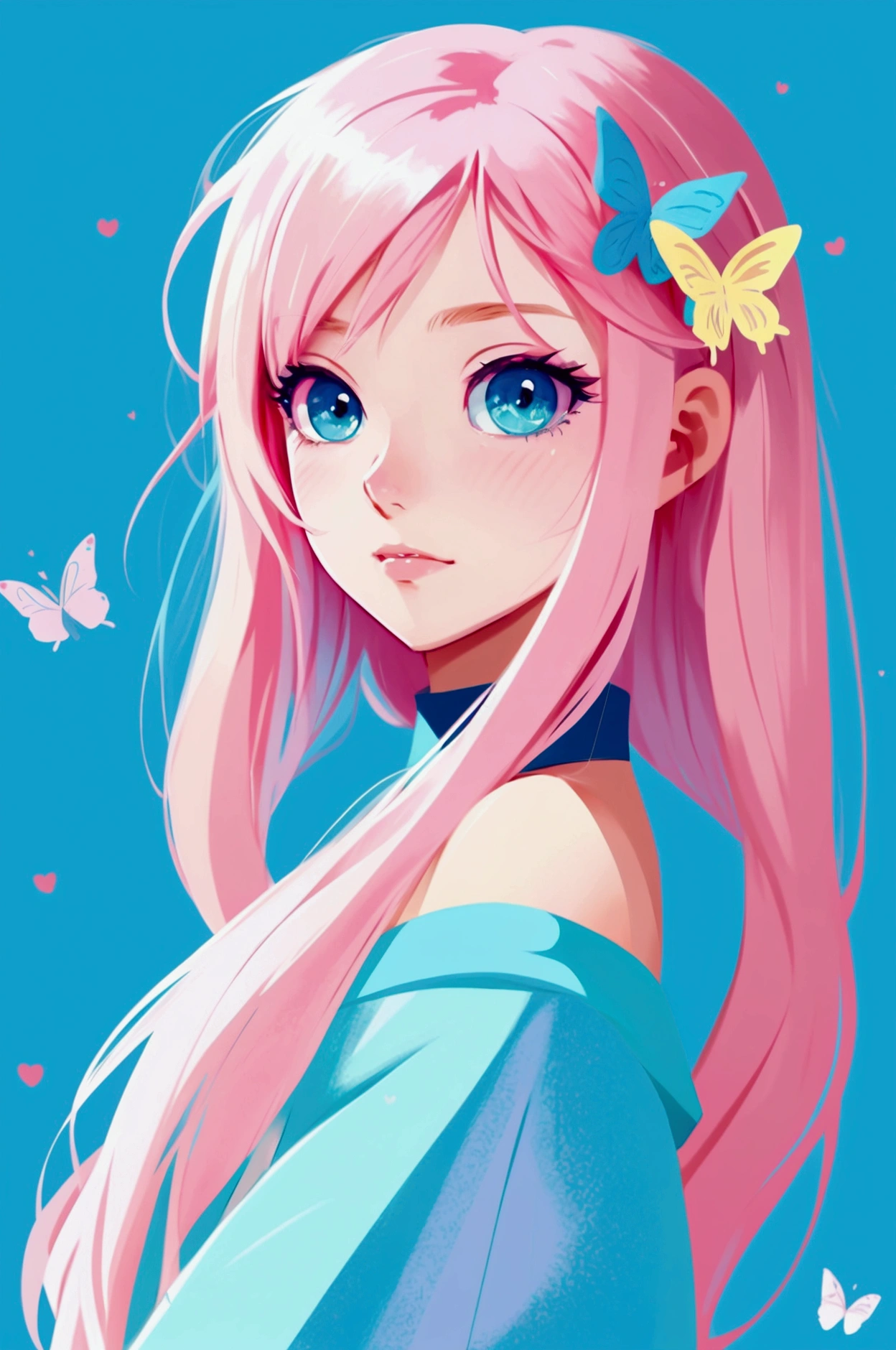Anime girl with pink hair and blue eyes, cute art style, beautiful anime art style, anime art style, cute anime style, anime art style, Beautiful drawing style, trends in art, anime art style de alta qualidade, rossdraws pastel vibrante, A beautiful anime portrait, colourful drawing, fantasy world, butterflys