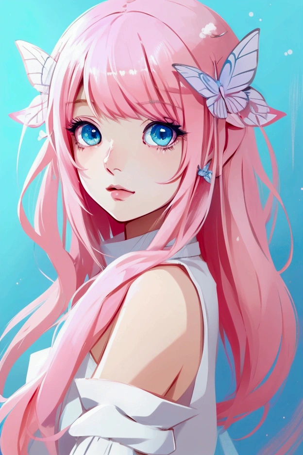 Anime girl with pink hair and blue eyes, cute art style, beautiful anime art style, anime art style, cute anime style, anime art style, Beautiful drawing style, trends in art, anime art style de alta qualidade, rossdraws pastel vibrante, A beautiful anime portrait, colourful drawing, fantasy world, butterflys