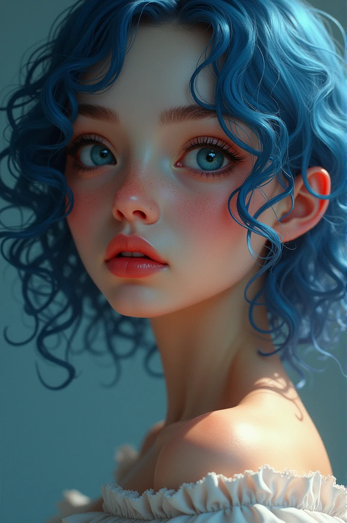 A woman that has a heart-shaped face. She had a straight cute nose. Her lips were ruddy and kissable. Curly blue hair