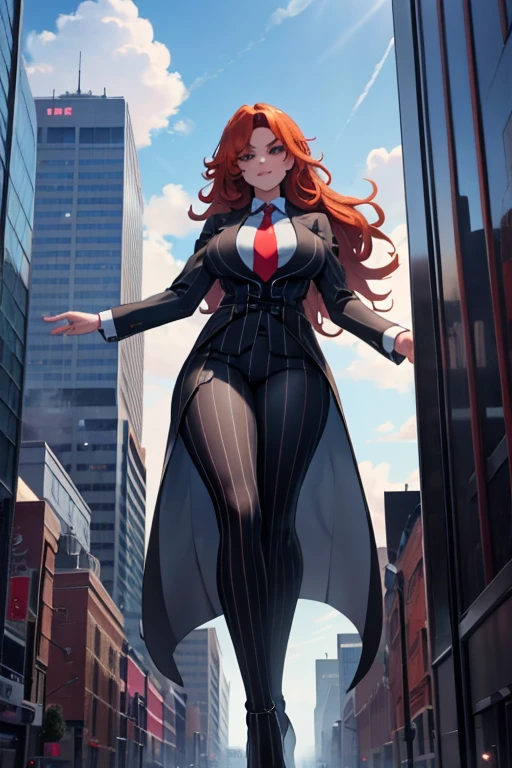 (photorealism:1.2), giant, giant art, giantess, Have a pair of ultra long legs, heels much lstger than a skyscraper , huge breasts, curvy, grey pinstriped suit,white tailored shirt, massive red tie, Has ginger waist-length hair,Wearing a pair of platform heels, leaning over tie hanging down, massive tie larger than a skyscraper, A look of enjoyment, Beautiful appearance,very small metropolis, Trying to destroy a miniature metropolis, Full body depiction, nffsw, Giga Giant, Exquisite makeup,quality, Cinema lighting,film grain,8k,textured skin,Super details,high detail,high quality,high resolution, smile