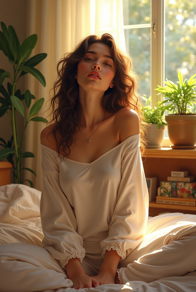 (photorealism:1.2), , wearing loose off-shoulder top, pajama pants, long curly hair, indoors, soft lighting, plants in background, window with sunlight, cozy room, relaxed pose, realistic, intricate details, warm colors, by Greg Rutkowski, by Alphonse Mucha