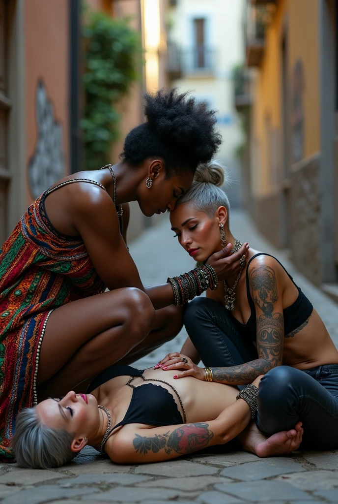 Two women. African old wrinkled milf woman lounging lazily on a sofa with separated legs, afro hairdo, serious face, wearing traditional colourful african clothes, barefoot,. A weak caucasian milf woman is keeling at her feet, stretching her neck to kiss the hands of the black woman. Caucasian woman: fully tattoed except her face, very thin, light grey hair, light green eyes, pale face, pale neck, pale chest, pale arms, pale hands, pale stomach, pale legs and feet) in chic rock fashion: pompadour hairstyle with top bun and shaved sides, colourful bandana as headboard, a lot of metallic necklaces and pendants, a lot of wide metallic bracelets, black lace push up bra, low rise black lace thong, chains as belts, squatting with arms on knees, passive facial expression with open mouth, arched back humbly, stretching her neck to kiss her girlfriend eagerly, big square sunglasses, thin neck, thin arms, thin legs, well toned abdominals. In an apartment decorated in Scandinavian style. Natural light