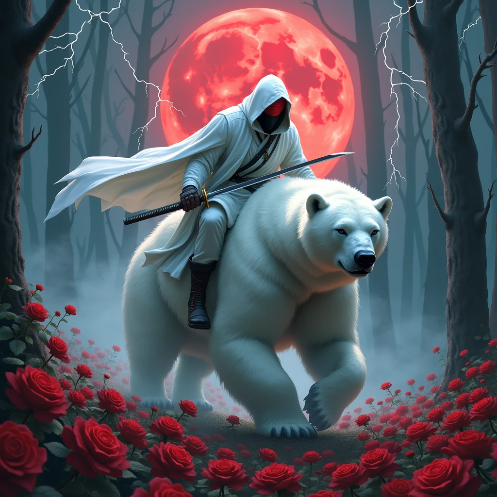Dynamic picture, in it a man with a white hood with bear ears and a katana is riding a polar bear in a forest while the moon shines, many Roses cover the ground and lightning falls from the sky. The man wears a red blindfold. In the background of the picture is the blood moon.