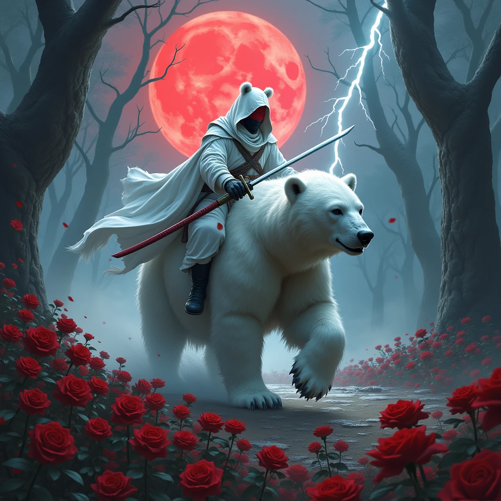 Dynamic picture, in it a man with a white hood with bear ears and a katana is riding a polar bear in a forest while the moon shines, many Roses cover the ground and lightning falls from the sky. The man wears a red blindfold. In the background of the picture is the blood moon.