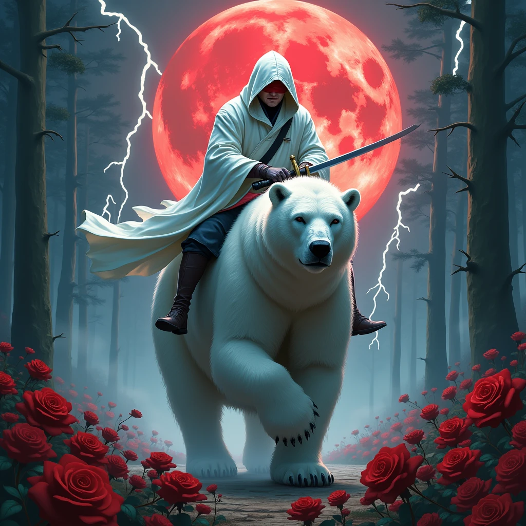 Dynamic picture, in it a man with a white hood with bear ears and a katana is riding a polar bear in a forest while the moon shines, many Roses cover the ground and lightning falls from the sky. The man wears a red blindfold. In the background of the picture is the blood moon.