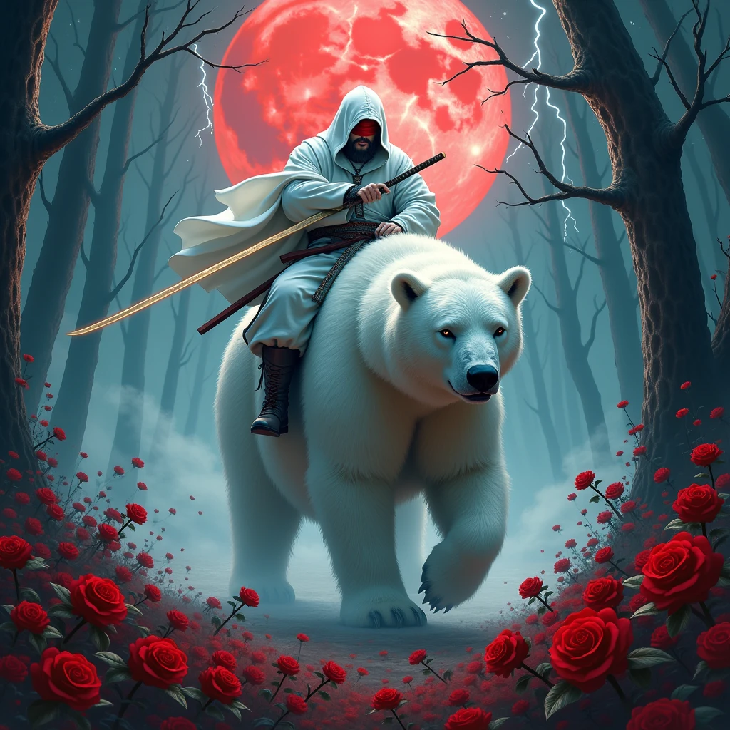 Dynamic picture, in it a man with a white hood with bear ears and a katana is riding a polar bear in a forest while the moon shines, many Roses cover the ground and lightning falls from the sky. The man wears a red blindfold. In the background of the picture is the blood moon.