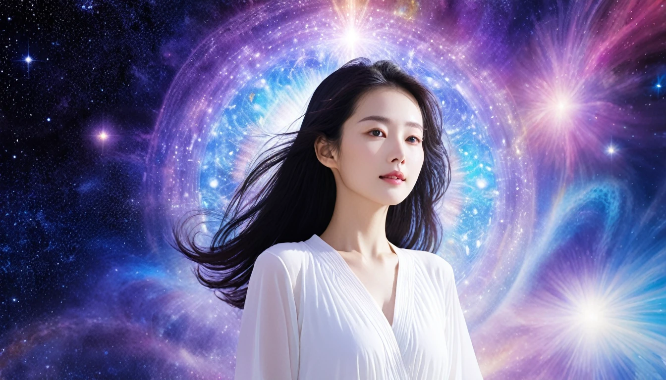 Highest quality, One person, universe,Mind Aura Cleansing,The whole body is purified,A beautiful woman with a beloved aura,universe空間で浮かぶ