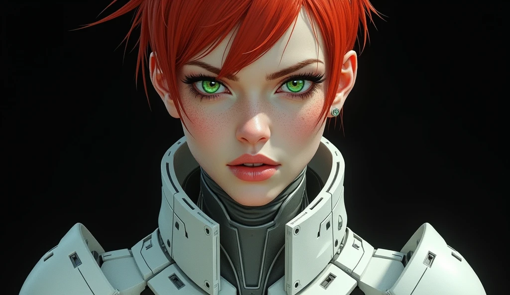 a close up of a woman's torso in a futuristic suit posing, cyberpunk art inspired by Marek Okon, trending in artstation, digital art, gynoid cyborg body, biomechanical oppai, cyberpunk oppai, girl with very short red hair, military haircut, with medium bangs, highly detailed green eyes, pink thick lips, freckles on face, angry expression, frowning, detailed eyelashes, light makeup, goddess of absolute beauty, in mecha cyber armor, beautiful white cyborg girl, in white futuristic armor, cyber suit, gynoid body, perfect cyborg woman, black background for wallaper