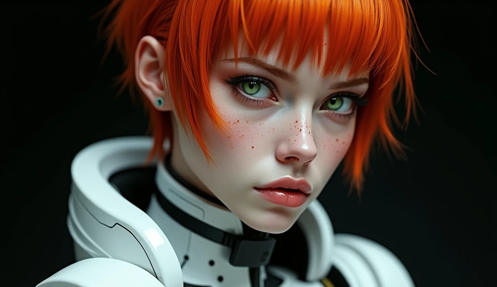 a close up of a woman's torso in a futuristic suit posing, cyberpunk art inspired by Marek Okon, trending in artstation, digital art, gynoid cyborg body, biomechanical oppai, cyberpunk oppai, girl with very short red hair, military haircut, with medium bangs, highly detailed green eyes, pink thick lips, freckles on face, angry expression, frowning, detailed eyelashes, light makeup, goddess of absolute beauty, in mecha cyber armor, beautiful white cyborg girl, in white futuristic armor, cyber suit, gynoid body, perfect cyborg woman, black background for wallaper