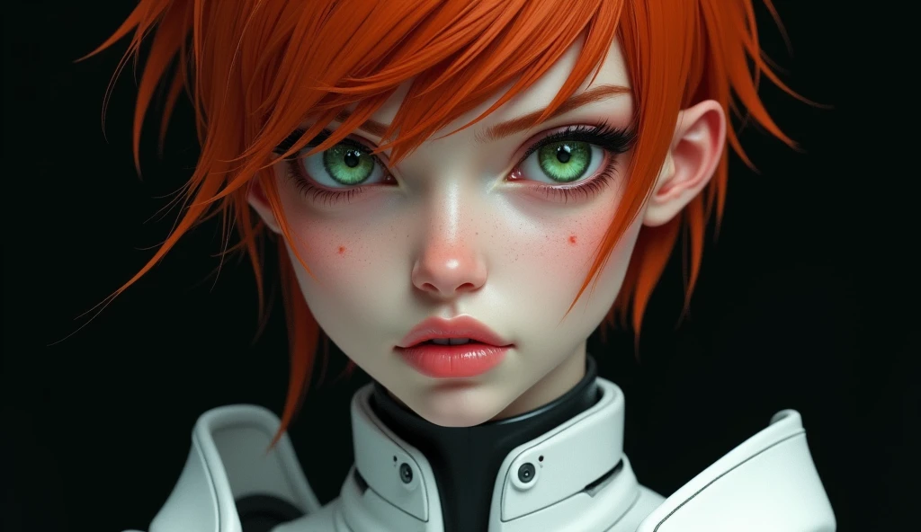 a close up of a woman's torso in a futuristic suit posing, cyberpunk art inspired by Marek Okon, trending in artstation, digital art, gynoid cyborg body, biomechanical oppai, cyberpunk oppai, girl with very short red hair, military haircut, with medium bangs, highly detailed green eyes, pink thick lips, freckles on face, angry expression, frowning, detailed eyelashes, light makeup, goddess of absolute beauty, in mecha cyber armor, beautiful white cyborg girl, in white futuristic armor, cyber suit, gynoid body, perfect cyborg woman, black background for wallaper