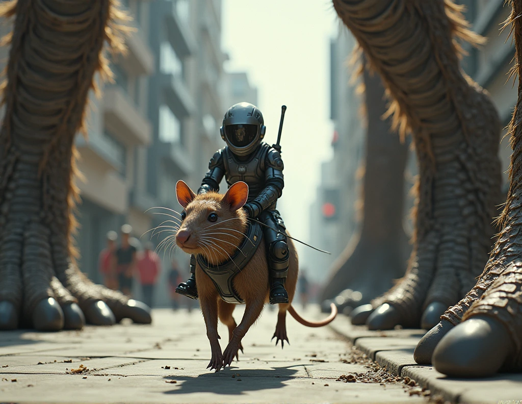 a man human, tiny in futuristic intergalactic agent combat clothing riding an alien rat, riding on a sidewalk beside him the gigantic, reptilian feet, on the other side, another gigantic feet of an immense hairy being with claws, image with low perspective view from the ground, on the same level as the man riding the mouse