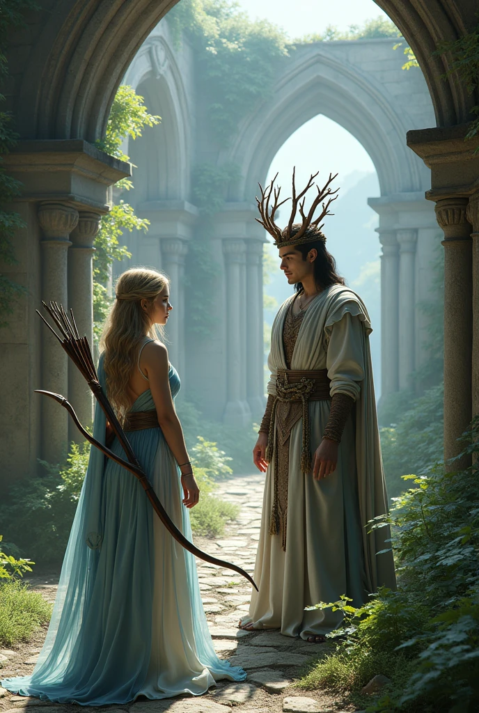 Full body portrait. A very beautiful adult female elf, wearing blue and white clothes while carrying a bow. The background is her entering into the ruins of a magnificent castle. And meets a very handsome adult male elf wearing a crown of wooden branches. This scene is a very detailed and professional 3D digital art. Game art. 64k resolution