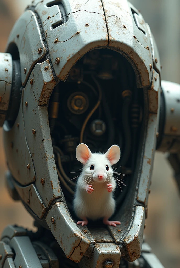 A white mouse scurries around inside the armor of a giant robot