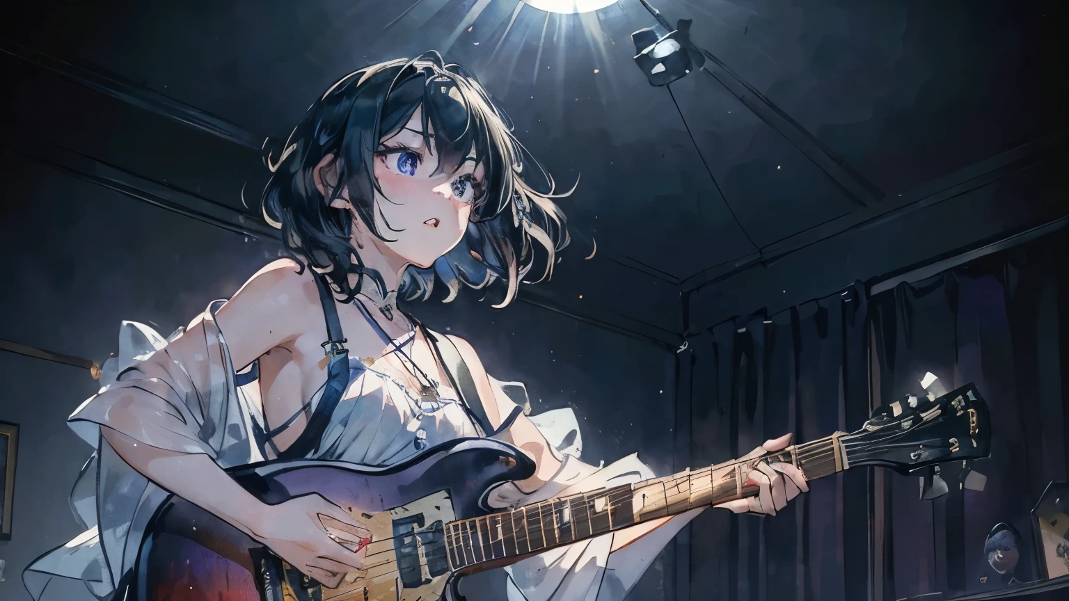 Very detailed, Very detailed, Very realistic, In a dark live house, ((Full Body Shot)), Lighting effects in different colors used in live concerts, Photos with motion blur from moving subjects, girl, guitarist, Very detailedエレキギター, Wearing a light-transmitting purple dress, (Super dense face and deep blue eyes), (Realistic eyes, Natural skin texture, Realistic facial details), Beautiful Face, Glare, Small Mouth, Beautiful Skin, Black Hair, short hair, Wavy Hair, Flat Chest, Bathed in light from behind, Lens flare, Generate images with the movement of the subject captured in the scene、Singing movingly、Grown-up、
