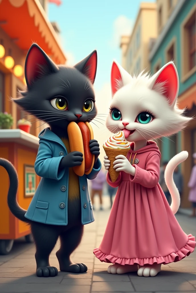 Image 3**: Both young cats are standing by a street food cart, each holding a delicious-looking snack. The black extra long height cat wearing a blue jacket is enjoying a hot dog, while the rainbow-colored white cat is weaing a pink grown happily eating an ice cream cone, with a bit of ice cream on her nose, looking cute.