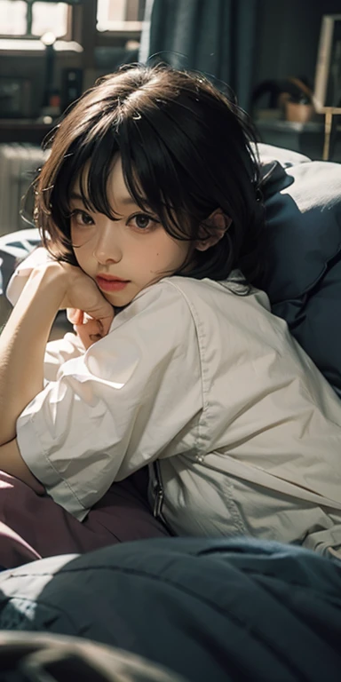 Lie face down on the bed、It&#39;s cute to see you, 2, Realistic, she is wearing shorts, She is wearing floral pajamas, short hair.Shoulder Bare、Chest visible from the front
