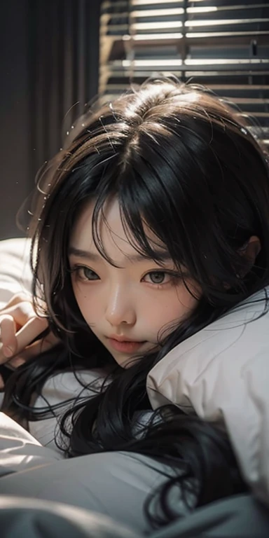 Lie face down on the bed、It's cute to see you, 2, Realistic, she is wearing shorts, She is wearing floral pajamas, short hair.Shoulder Bare、Chest visible from the front