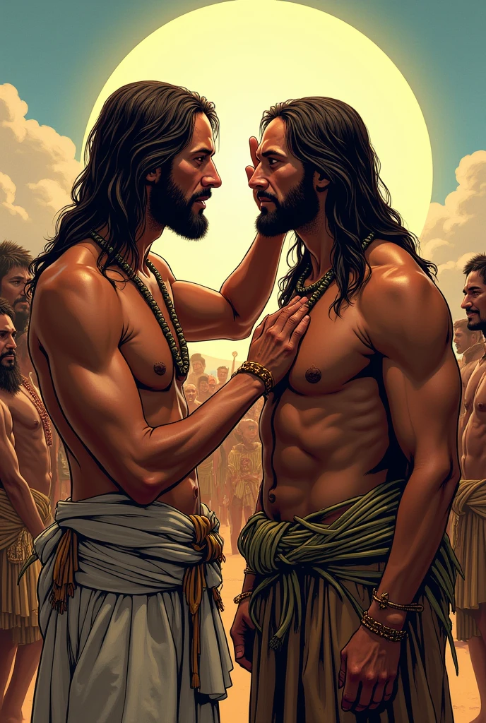 Jesus placing his hands over the eyes of an indigenous man with long straight hair, the indigenous person is dressed in straw and leaves, without upper clothing, around them there is a village with a lot of people, comic book style, the scene has vibrant and very striking colors.