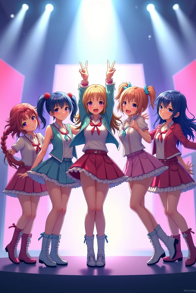 j-pop girl band, anime, 5 girls, peace and heart hand gestures