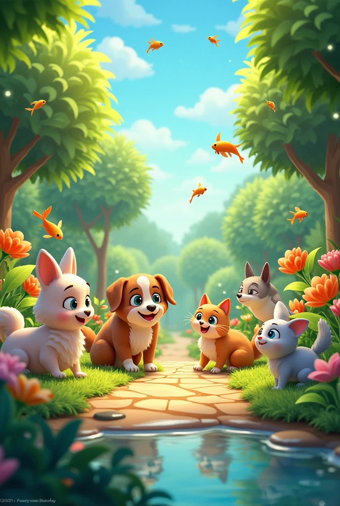 Animated pets, animals, birds,fish in a garden. In youtube banner size. Eden Ogrod heading include