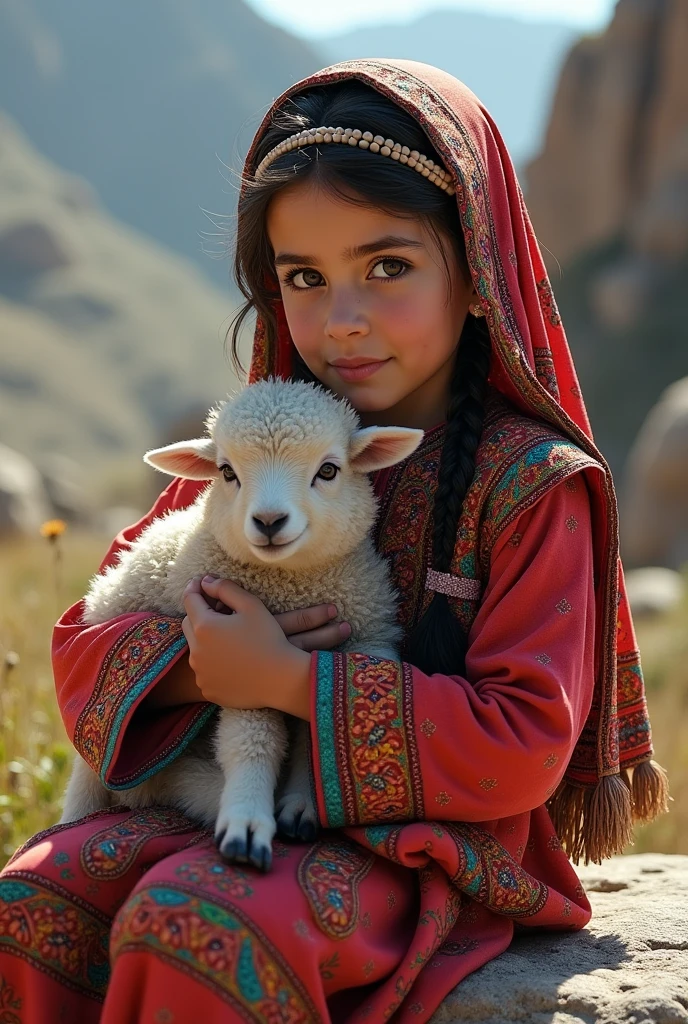 "A stunningly detailed, hyper-realistic close-up of a beautiful Kurdish girl. She is dressed in vibrant, traditional Kurdish clothing, with intricate patterns and rich textures visible in every fold of the fabric. Her colorful garments, adorned with traditional embroidery and accessories, flow gracefully as she sits on a large stone. The girl cradles a small lamb in her arms, their closeness evident in the way she gently holds the animal. The scene captures the warmth of the moment, with the backdrop subtly showing the rugged beauty of the Kurdish mountains. The focus is on the girl and the lamb, highlighting the emotional bond and the cultural richness of the setting."