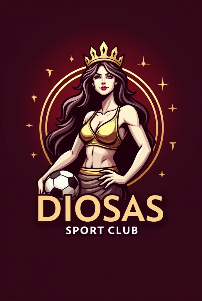 Football team logo in burgundy with gold with a Goddess called Diosas Sport club and a soccer ball