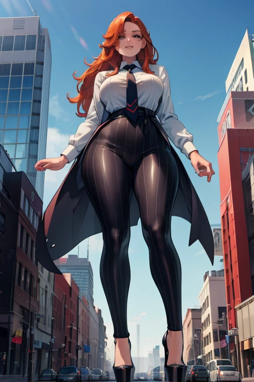 (photorealism:1.2), giant, giant art, giantess, Have a pair of ultra long legs,  heels much lstger than a skyscraper , huge breasts, curvy,  grey pinstriped suit，white tailored shirt, massive red tie, Has ginger waist-length hair，Wearing a pair of platform heels, leaning over tie hanging down, massive tie larger than a skyscraper, A look of enjoyment, Beautiful appearance，very small metropolis, Trying to destroy a miniature metropolis, Full body depiction, nffsw, Giga Giant, Exquisite makeup，quality, Cinema lighting，film grain，8k，textured skin，Super details，high detail，high quality，high resolution, smile