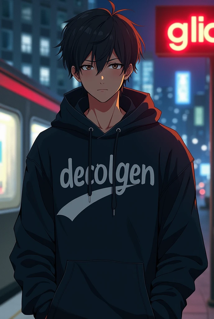 Create anime character;
{background: capital HD text: “GLBK” in right-top, night station}, tanned skin,
realistic, HDR, handsome, full body, like gangster, age 20, hoodie HD text: “Decolgen”, male