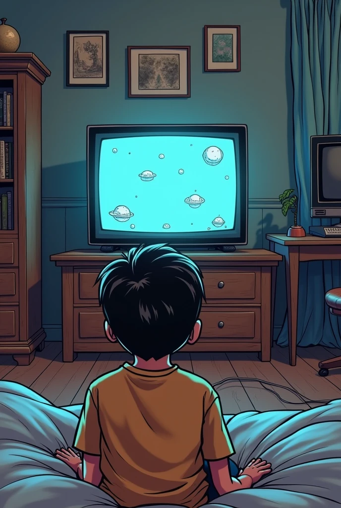 Comic of a boy with his back turned watching TV playing video games, in a bedroom from the 90s, that a simple spaceship game without text is displayed on TV