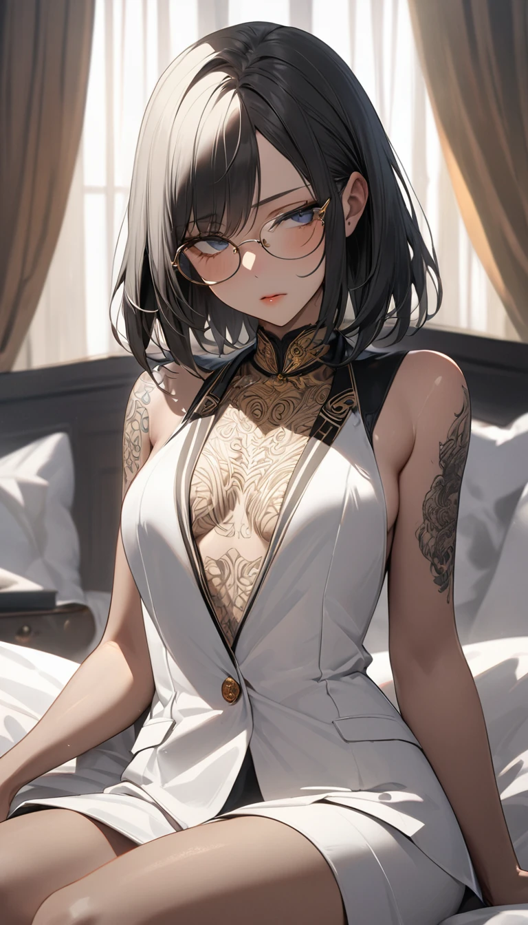 ((best quality)), ((masterpiece)),A man (Detailed face and eyes), Perfect face, precise, Textured Skin, High Detail, high resolution, Ruffian Student, A gentleman with a dark side, Wearing a white suit, Gold-rimmed glasses, short hair, , White skin, Have a tattoo, Sit on the bedroom bed, Half Body