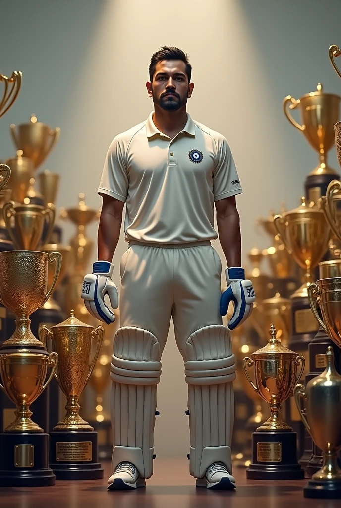Ms dhoni standing with his all trophies