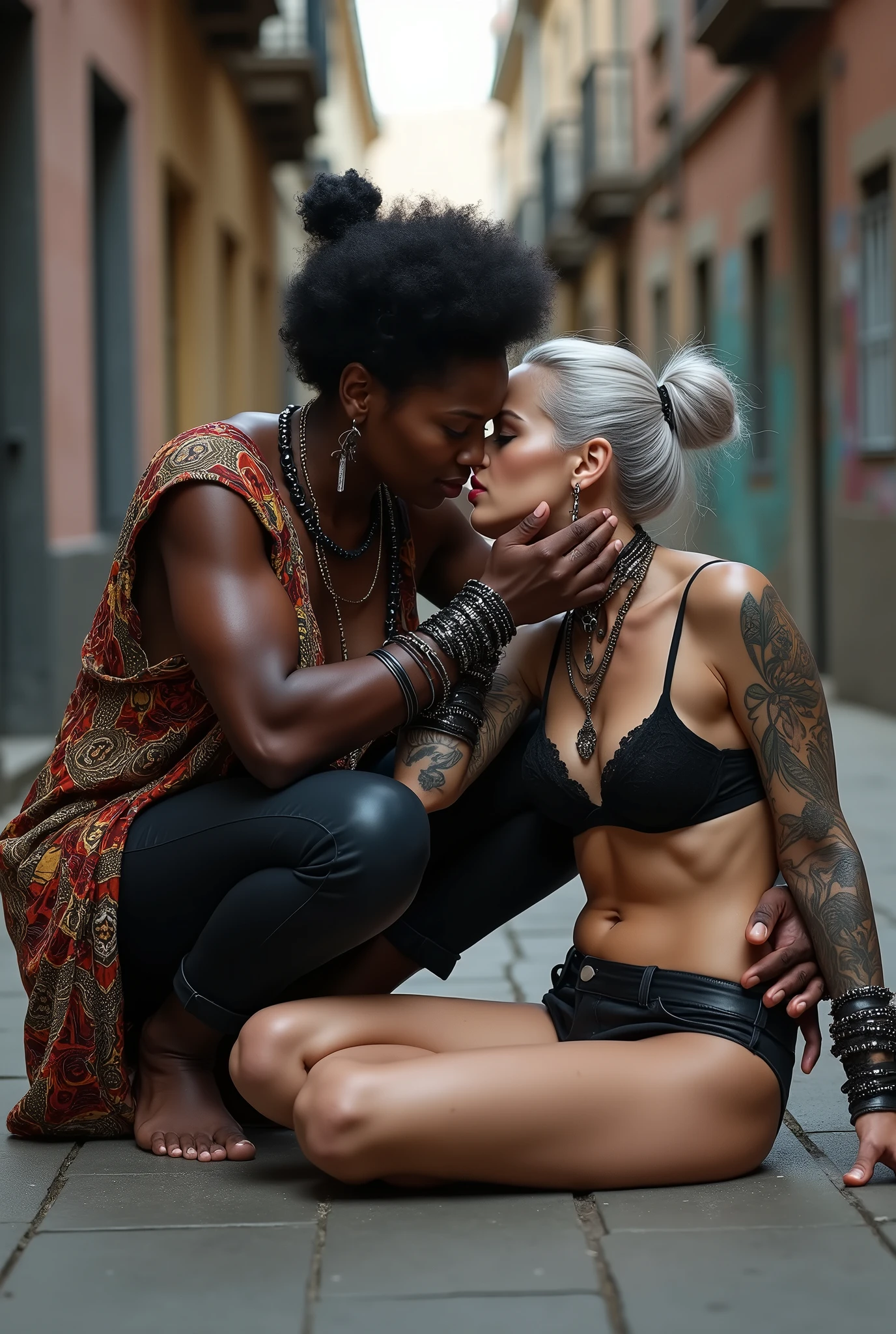 Two russian old milf women: the strong, muscular , dominant dark skinned gipsy woman (black afro, long african traditional colourful tunic, barefoot), squatting with possessive stance (caressing the body of her passed out girlfriend's neck). At her feet, lying on the ground unconscious, curled up in fetal position, her caucasian girlfriend (pale faces, pale necks, pale chest, pale stomach, pale arms, pale hands, pale feet), weak body, light grey hair, submissive and needy, feeling defeated, in laid back postures with hands touching her thong or neck or chest, wearing clothes in rock chic style. grey hair (bouffant, top bun, shaved sides), Big lips, The caucasian woman wears Black lace push up bra, silicone breast,, low rise skinny leather jeans. The caucasian woman is Barefoot.. the caucasian woman wears Lots of thick wide studded bracelets, chain necklaces and big rings, Long earrings with chains and feathers, Chains around her hips. The caucasian woman gas Neck tattoed, chest tattoed, stomach tattoed, feet, hands, arms and wrists heavily tattoed. Toned abdominals, thin neck, slim legs and thin arms. Narrow hips. Both, open legs. Full body. At a Madrid narrow street with graffitied walls.