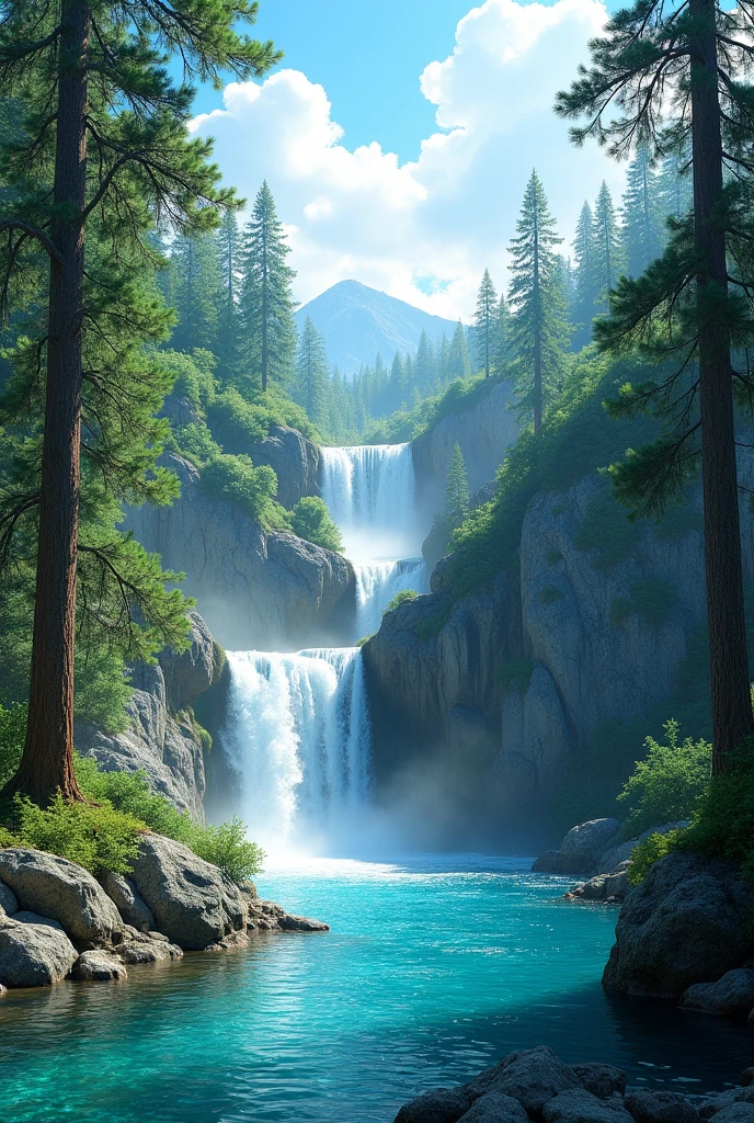 A calm and beautiful landscape with pine trees and waterfalls, crystal clear blue water, ultra realistic 8k full hd 