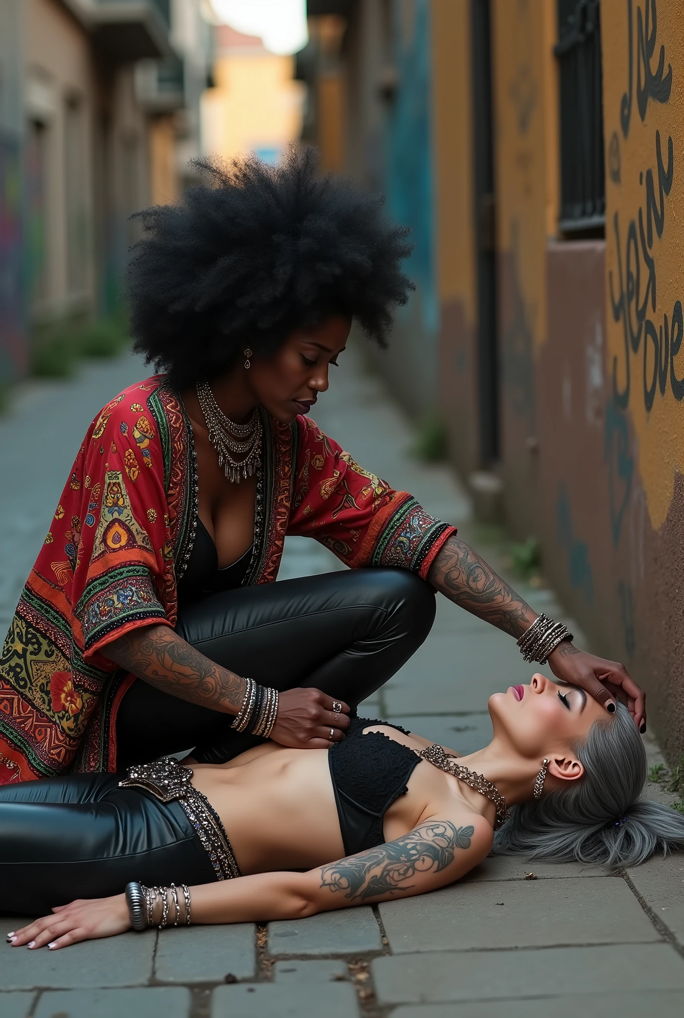 Two russian old milf women: the strong, muscular , dominant dark skinned gipsy woman (black afro, long african traditional colourful tunic, barefoot), squatting with possessive stance (caressing the body of her passed out girlfriend's neck). At her feet, lying on the ground unconscious, curled up in fetal position, her caucasian girlfriend (pale faces, pale necks, pale chest, pale stomach, pale arms, pale hands, pale feet), weak body, light grey hair, submissive and needy, feeling defeated, in laid back postures with hands touching her thong or neck or chest, wearing clothes in rock chic style. grey hair (bouffant, top bun, shaved sides), Big lips, The caucasian woman wears Black lace push up bra, silicone breast,, low rise skinny leather jeans. The caucasian woman is Barefoot.. the caucasian woman wears Lots of thick wide studded bracelets, chain necklaces and big rings, Long earrings with chains and feathers, Chains around her hips. The caucasian woman gas Neck tattoed, chest tattoed, stomach tattoed, feet, hands, arms and wrists heavily tattoed. Toned abdominals, thin neck, slim legs and thin arms. Narrow hips. Both, open legs. Full body. At a Madrid narrow street with graffitied walls.