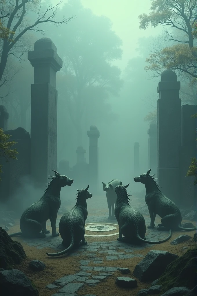 Create me a burial image including 5 zodiac animals: thìn, jealous, ngọ, trunk, hợi