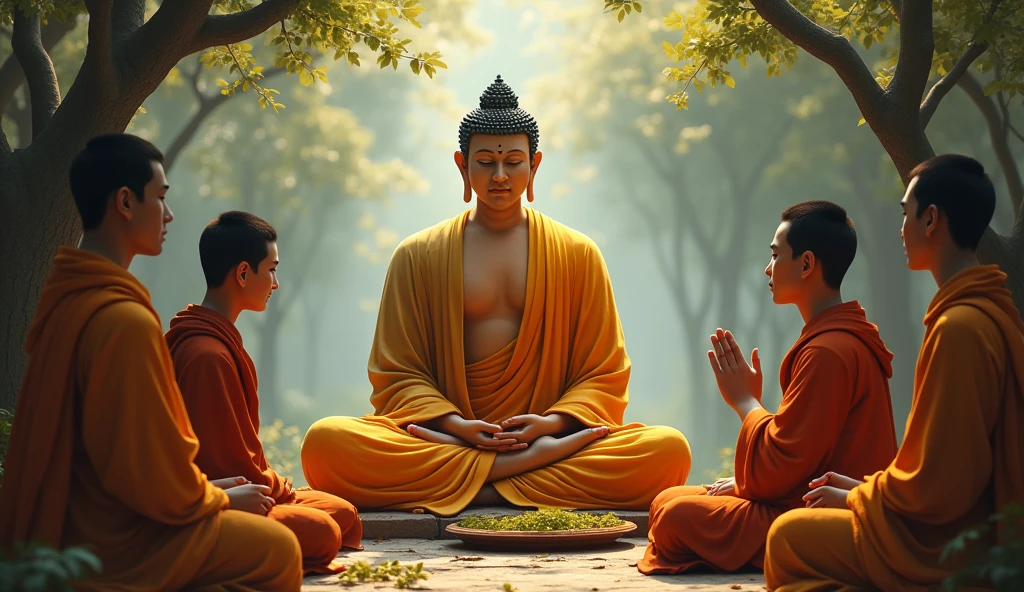 मध्यमार्ग का उपदेश**:
- **चित्र वर्णन**: बुद्ध अपने शिष्यों को मध्यमार्ग का उपदेश देते हुए। चित्र में बुद्ध का संतुलित और शांतिपूर्ण चेहरा और शिष्यों के समक्ष शिक्षा देने का दृश्य है।