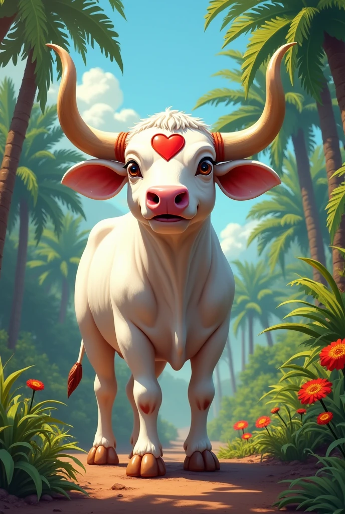 Raising a young white bull, on your forehead there must be a red heart, happy face, scenario reminiscent of the Parintins festival in Amazonas.