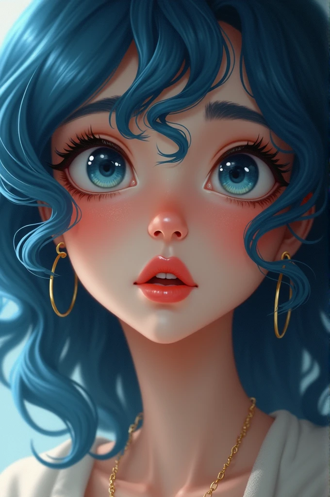 A woman that has a heart-shaped face. She had a straight cute nose. Her lips were ruddy and kissable. Curly blue hair at the end