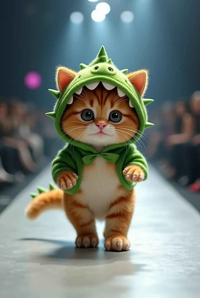 (photorealism:1.2), cute cat wearing dinosaur suit walking on the runway