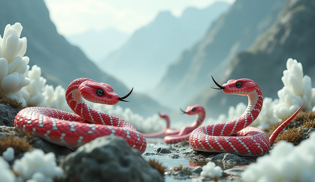 There are many white jades on the mountain，There are also many pit vipers with red and white rings and spikes on their noses.（best quality，4K，8k，High level，masterpiece：1.2），Ultra Detailed，（lifelike，Photo real，Photo real：1.37）