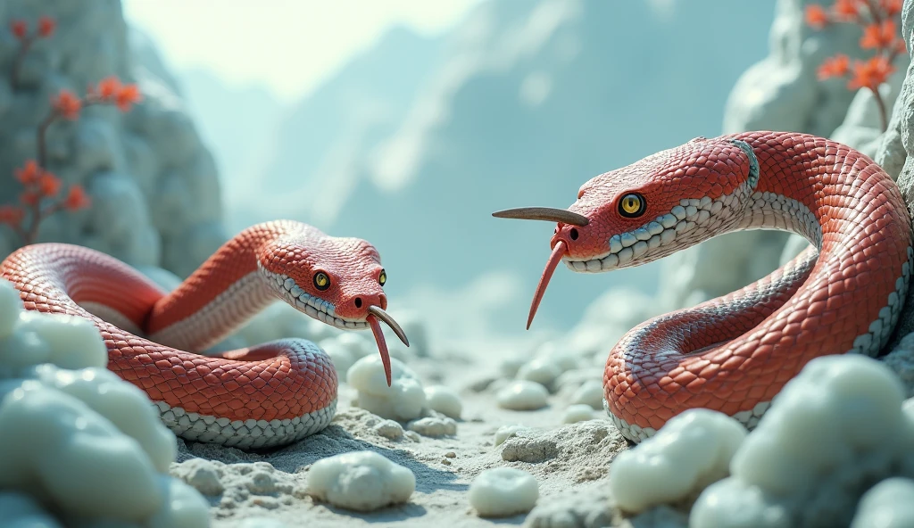 There are many white jades on the mountain,There are also many pit vipers with red and white rings and spikes on their noses.(best quality,4K,8k,High level,masterpiece:1.2),Ultra Detailed,(lifelike,Photo real,Photo real:1.37)