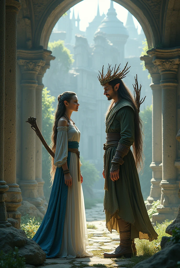 Full body portrait. A very beautiful adult female elf, wearing blue and white clothes while carrying a bow. The background is her entering into the ruins of a magnificent castle. And meets a very handsome adult male elf wearing a crown of wooden branches. This scene is a very detailed and professional 3D digital art. Game art. 64k resolution