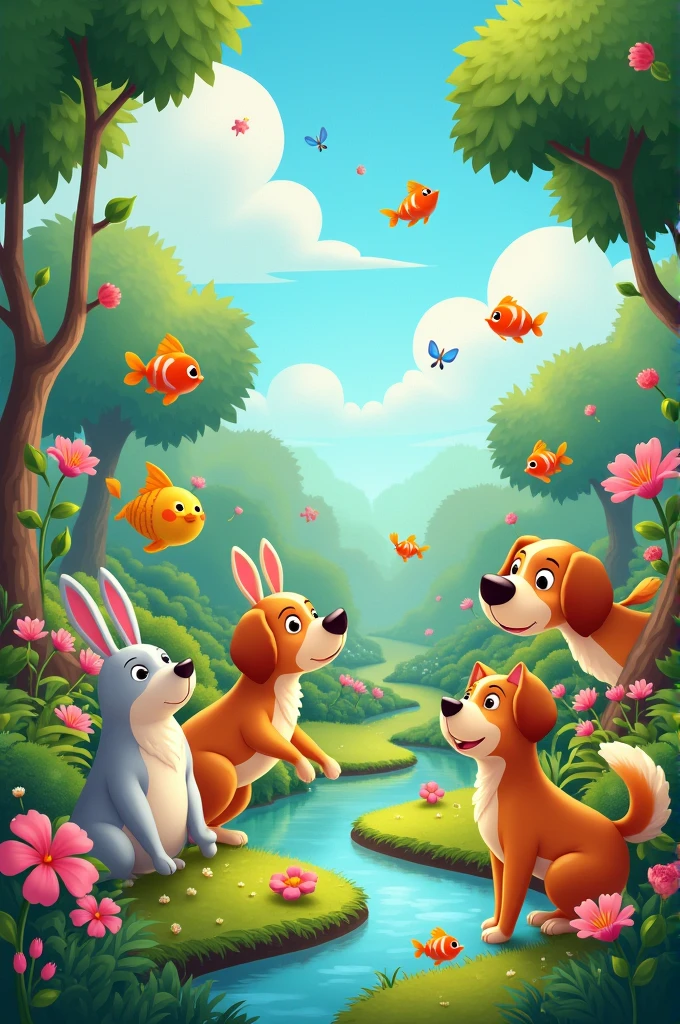 Animated pets, animals, birds,fish in a garden. In youtube banner size. Eden Ogrod heading include