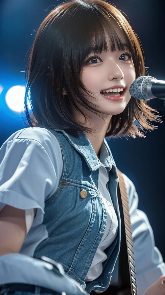 ((masterpiece, Highest quality, High resolution)), Japanese high school girl、(Realistic: 1.4), With a smile、Blushing、Open your mouth wide、Great face,Glossy lips、, short hair、(Beautiful Hair:1.5),Cute idol costume、Beautiful legs、A concert with a large audience、On Stage、While playing the electric guitar、Sing with a microphone、Gazing at the audience、Front angle, Smooth, Highly detailed CG composite 8K wallpaper, High resolutionのRAWカラー写真, Professional photography, Light, BackLight, impressive, Written boundary depth, (Face close-up:1.5)