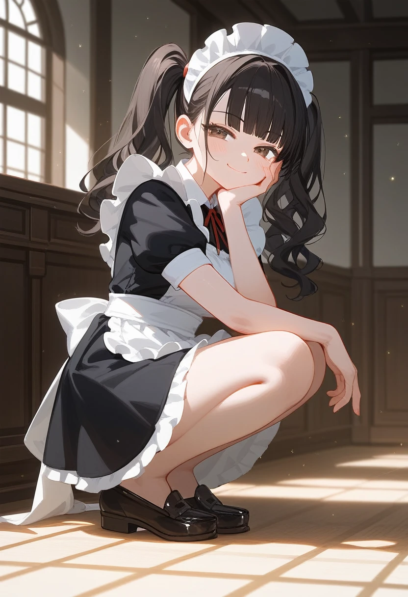 (score_9, score_8_up, score_7_up), absurdres, best quality, official art, masterpiece, very aesthetic, aesthetic, attention to detail, by erere, 1girl, black hair, blush, breasts, thighs, parted to one side, blunt bangs, glossy hair, moist skin, glossy skin, delicate details, hair behind ear, medium breasts, from side, full body, squatting, looking at viewer, own hand on face resting on her cheek, twintails, wavy hair, black hair, medium length, maid, white head dress, black loafers, smug smile, closed mouth, brown eyes, content expression, lustful body,, adoring gaze, indoors, solo, light particles, solar flare, depth perception, alternate costume, white apron, frilled apron, puffy short sleeves, short sleeves, black dress, maid outfit, one hand resting at her side