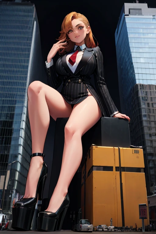 (photorealism:1.2), giant, giant art, giantess, Have a pair of ultra long legs, heels much lstger than a skyscraper , huge breasts, curvy, grey pinstriped suit,white tailored shirt, massive red tie, Has ginger waist-length hair,Wearing a pair of platform heels, leaning over tie hanging down, massive tie larger than a skyscraper, A look of enjoyment, Beautiful appearance,very small metropolis, Trying to destroy a miniature metropolis, Full body depiction, nffsw, Giga Giant, Exquisite makeup,quality, Cinema lighting,film grain,8k,textured skin,Super details,high detail,high quality,high resolution, smile