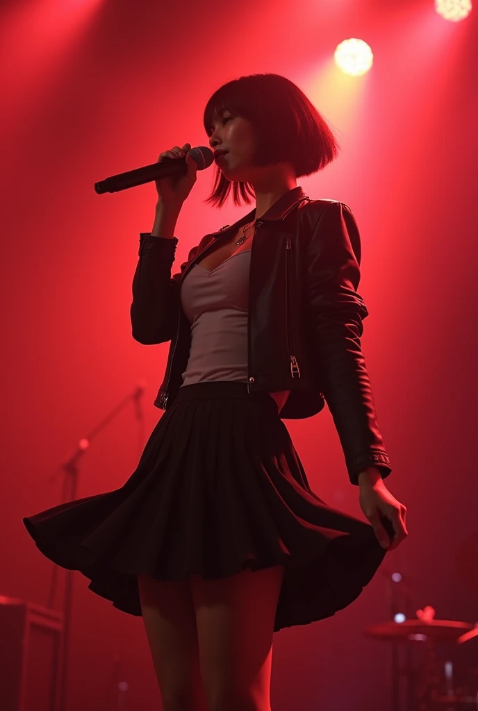 Japanese women、Alice Hirose、Female vocalist with short bob hair、Skirt flip、live house、Lots of stage smoke、Red lighting、Holding a microphone on stage、Riders jacket、Tight long shirt、Large Breasts,