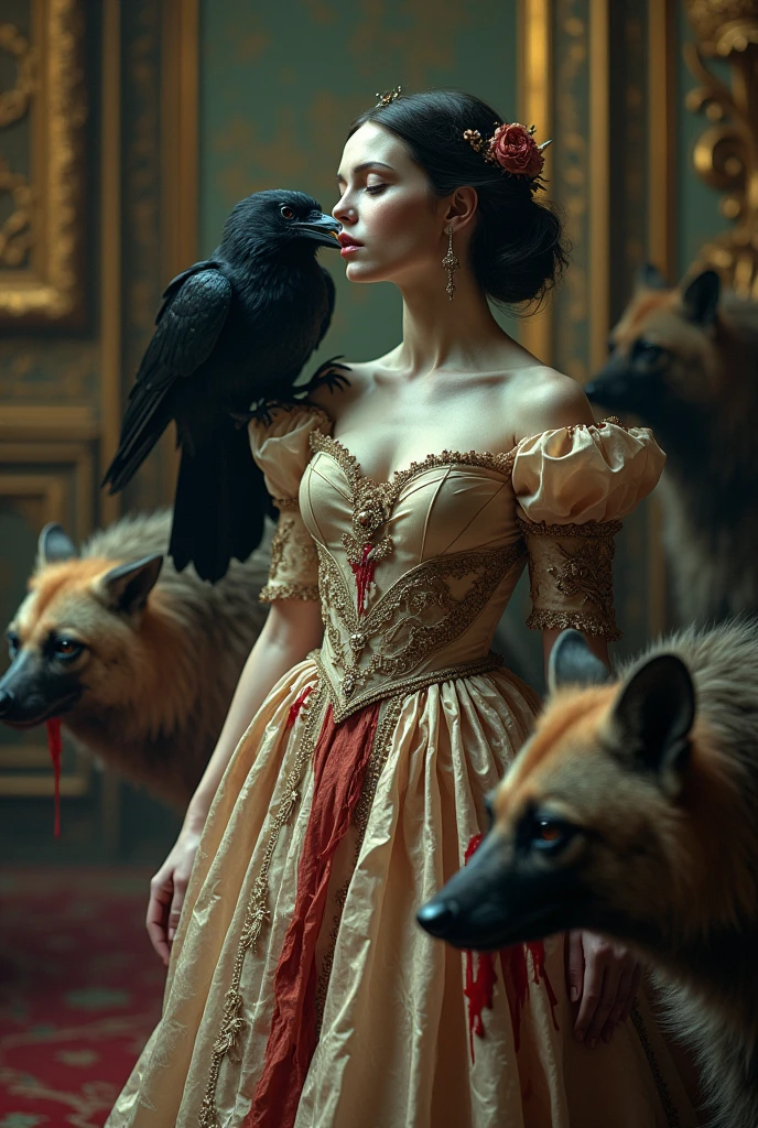 Beautiful woman in baroque dress and baroque room, His eyes are bleeding and a crow has one of his eyes in its beak, hyenas around him 